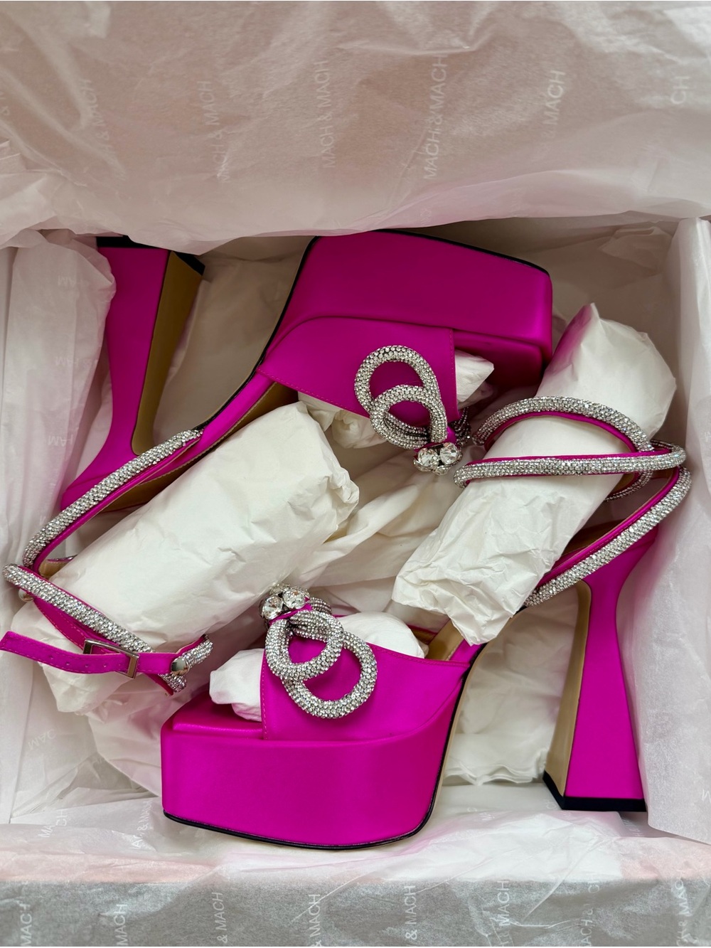 MACH & MACH - Double Bow - 140 Silk Ankle Strap Sandals - 38 - New - Fuchsia